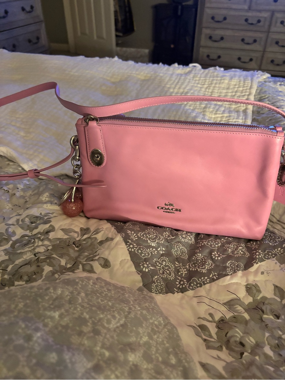 Coach Pink Leather Crossbody Wristlet with Charm